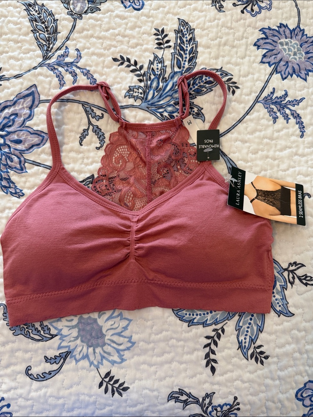 Laura Ashley Rose Mauve Lace-Back Bralette Fits 32D, 34B, 34C, 36A or 36B
